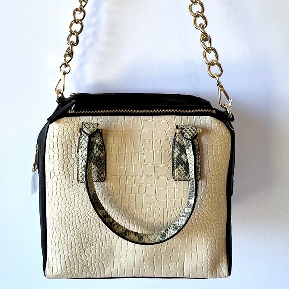 Marc Fisher Leather Shoulder Bag, "Kyra" Cream and Black, w/ Snakeskin Print New - Picture 2 of 14